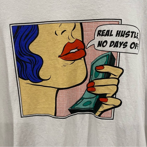 Comic Book Print Cartoon Graphic T-Shirt Real Hustle No Days Off T-Shirt White L - Picture 2 of 6